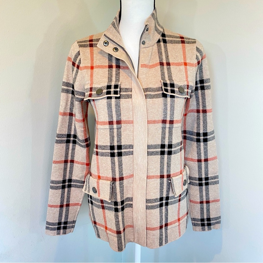 Joie Plaid Shacket Soft Knit Full Zip Sweater Jacket Cream Red Black size Medium